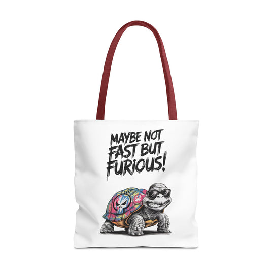 Funny Turtle Tote Bag - Maybe Not Fast But Furious Bags Printify 18" × 18'' Red