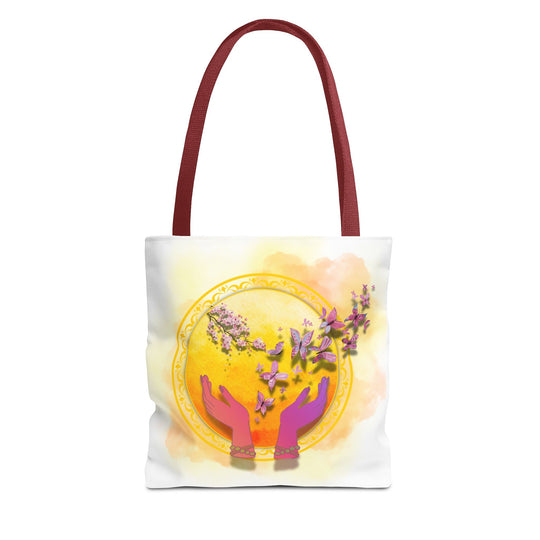 Symbolic Tote Bag with Hands, Orb, Flowers, and Butterflies Bags Printify 13" × 13'' Red