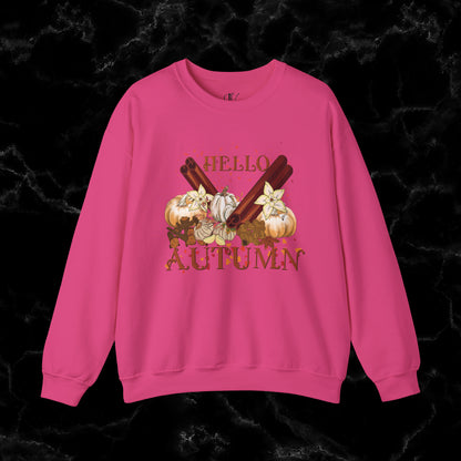 Hello Autumn Jumper | Pumpkin Spices Leaves Sweatshirt - Fall Fashion Sweatshirt S Heliconia 