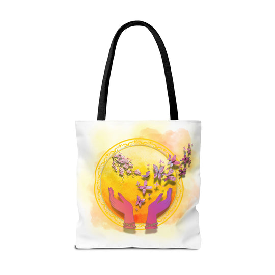 Symbolic Tote Bag with Hands, Orb, Flowers, and Butterflies Bags Printify