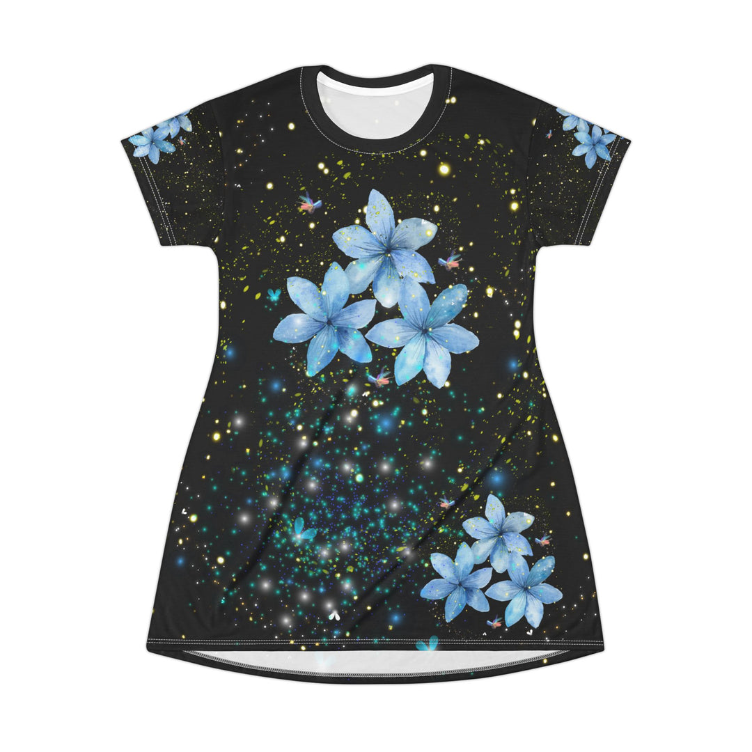 Starry Night T-Shirt Dress with Blue Flowers