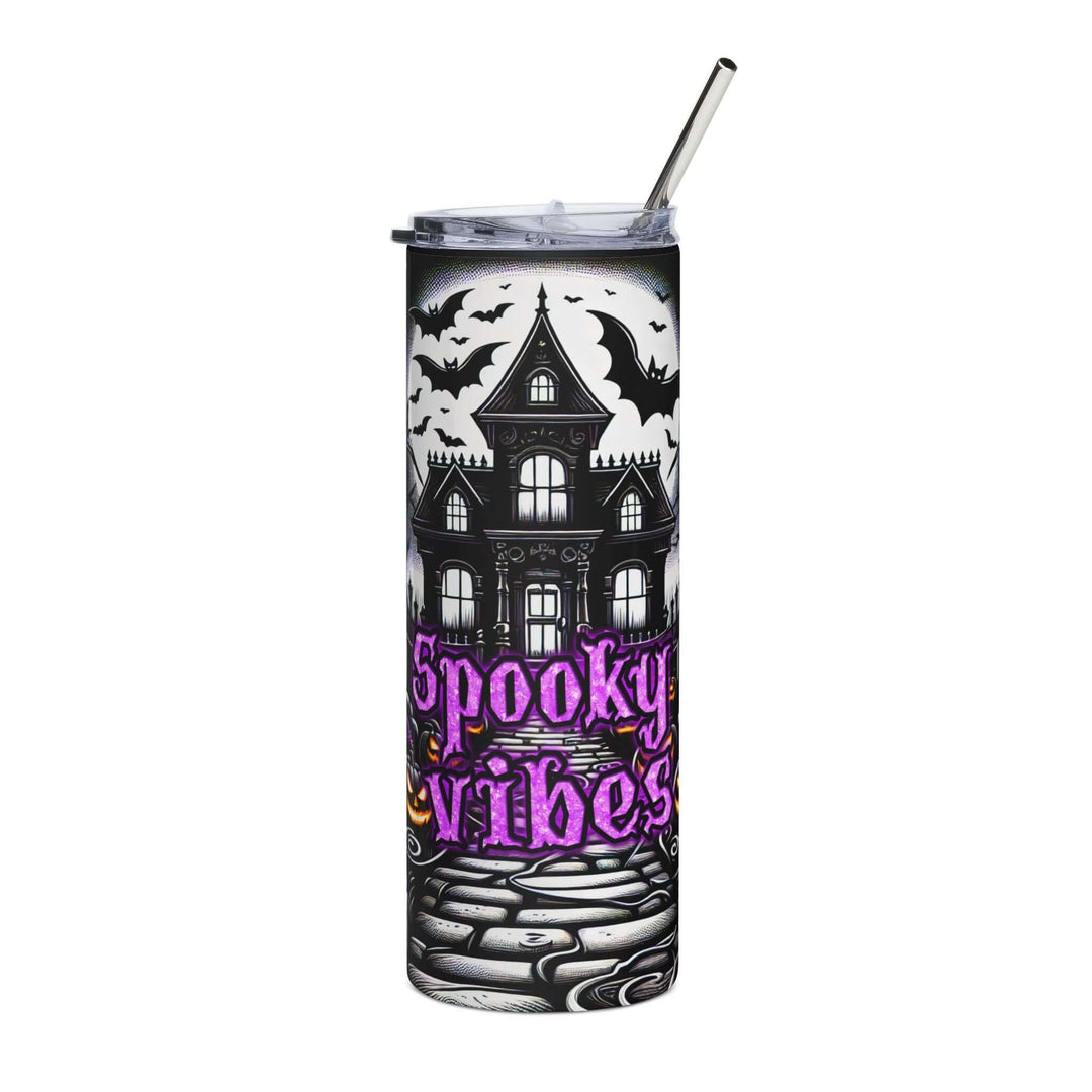 Spooky Vibes 20oz Stainless Steel Tumbler — Haunted Houses, Bats & Pumpkins Mug Printify