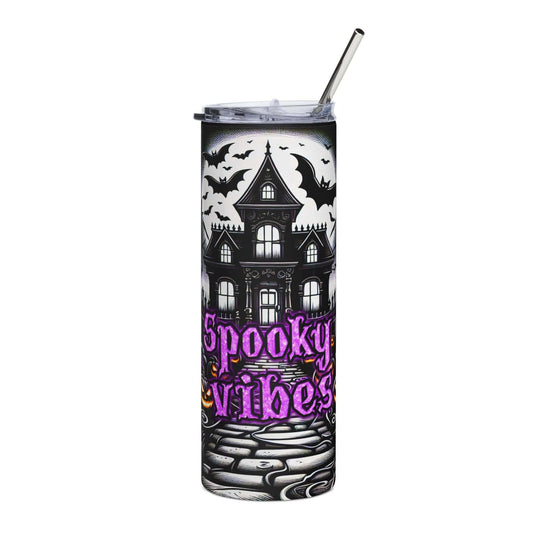 Spooky Vibes 20oz Stainless Steel Tumbler — Haunted Houses, Bats & Pumpkins Mug Printify