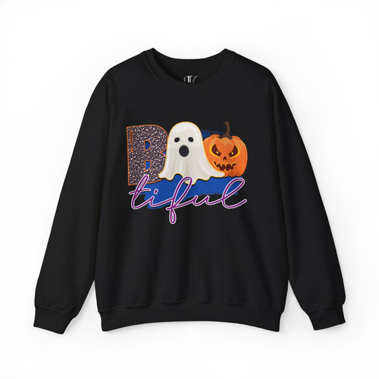 Bootiful Halloween Sweatshirt: Ghost and Pumpkin Design Sweatshirt Printify S Black