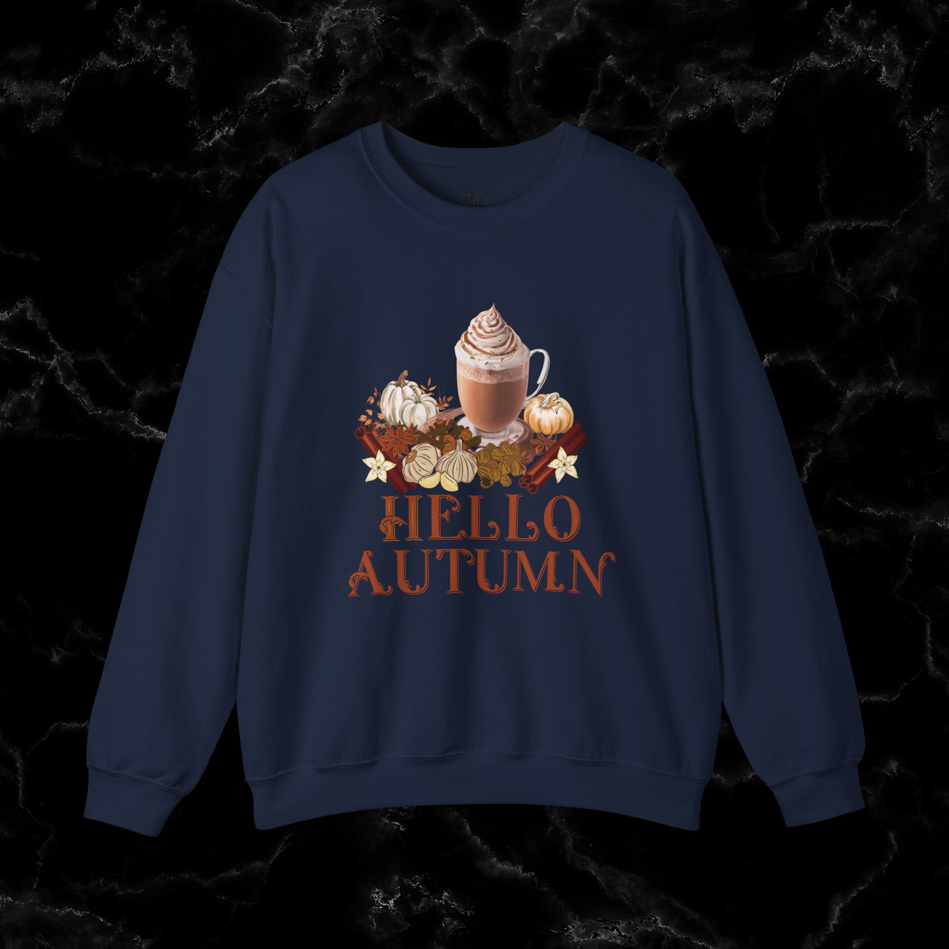 Hello Autumn Jumper | Pumpkin Spice Latte Leaves Sweatshirt - Fall Fashion Sweatshirt S Navy 
