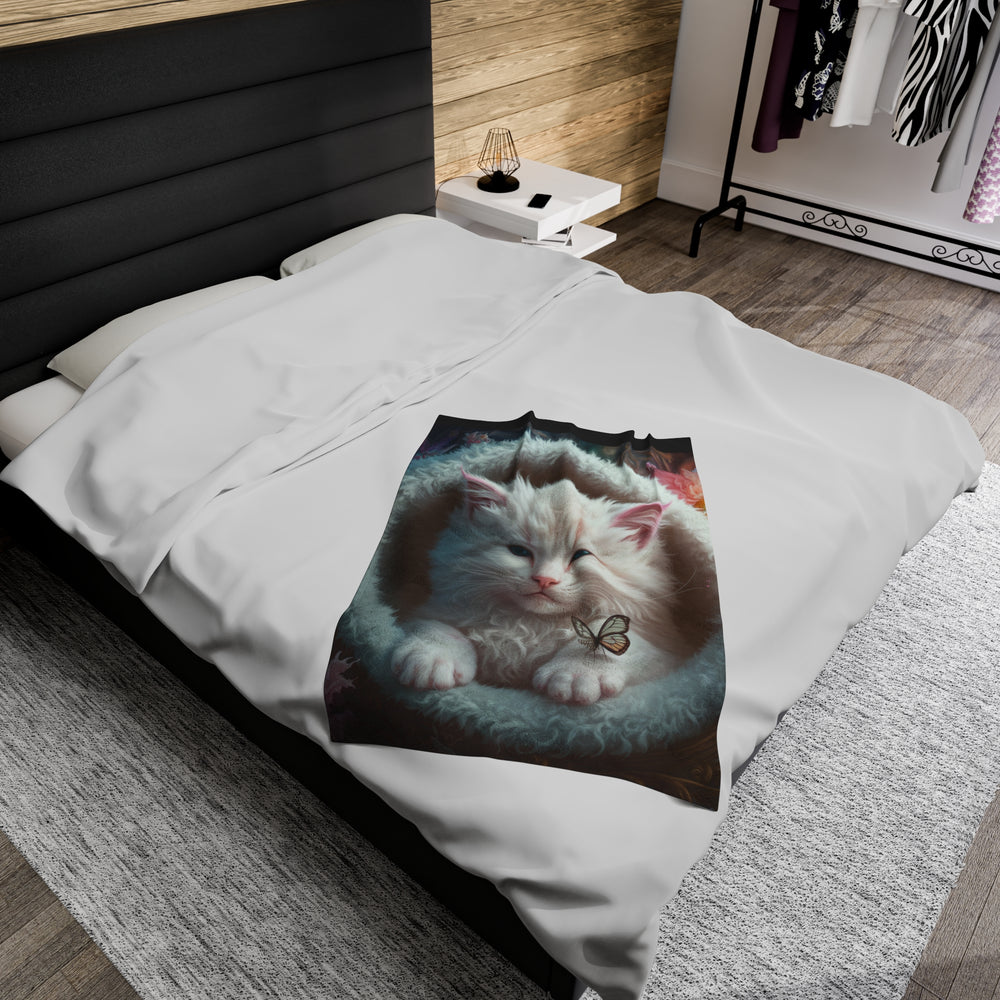 Plush Blanket - White Fluffy Cat and Butterflies