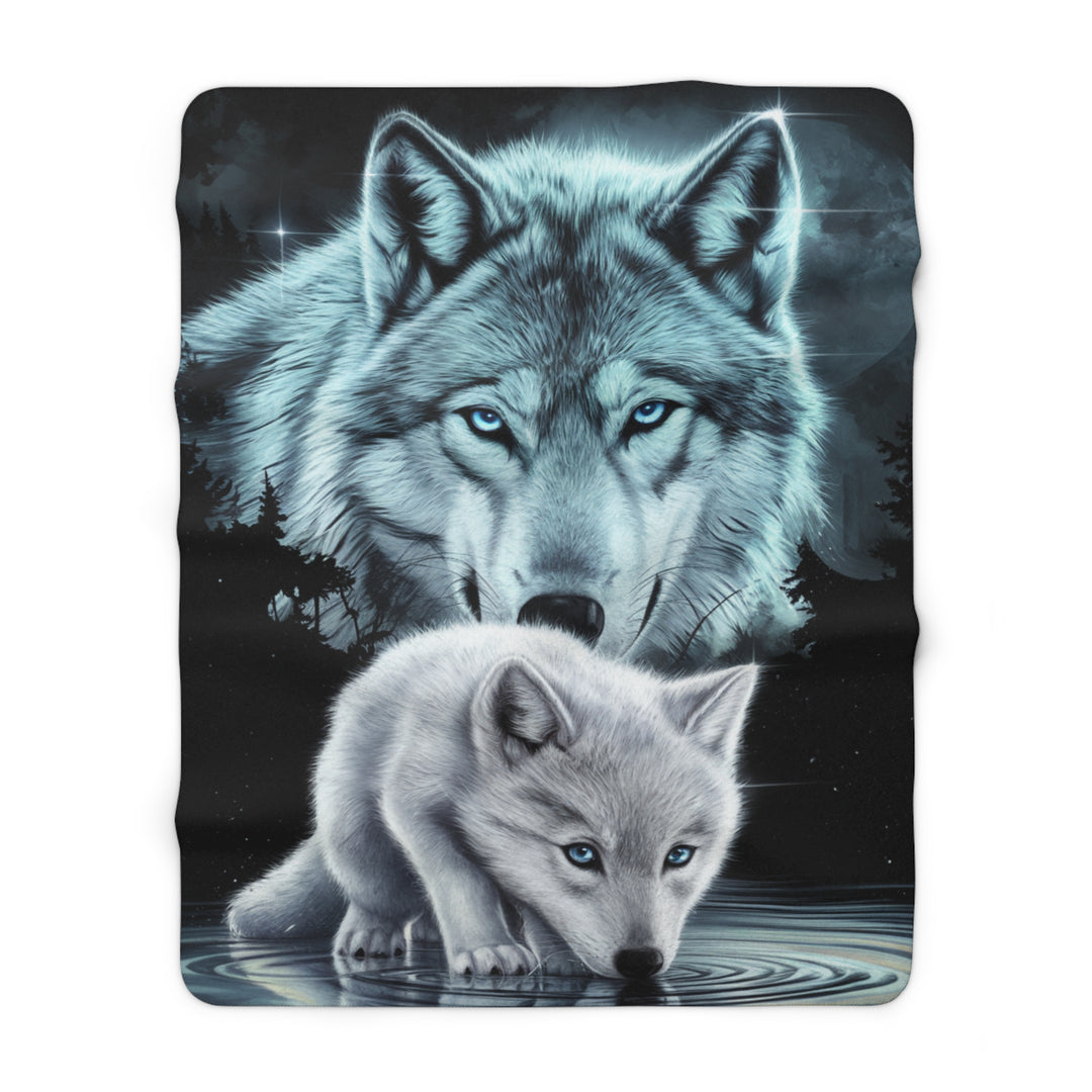 Sherpa Fleece Blanket - Wolf and Cub Moonlit Night Scene Home Decor Printify 60" × 80"