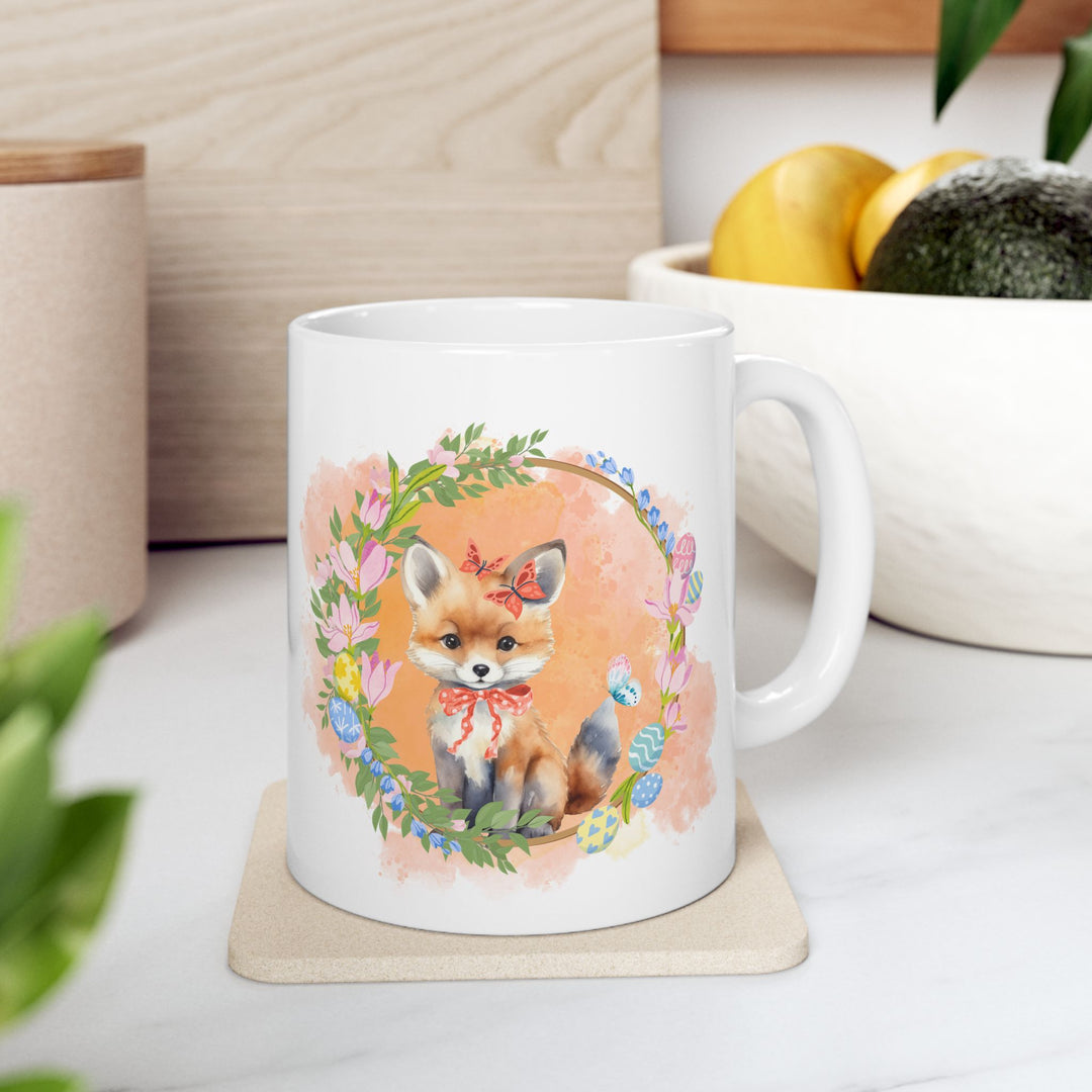 Fox Ceramic Mug - Easter Springtime Floral Wreath Mug Printify