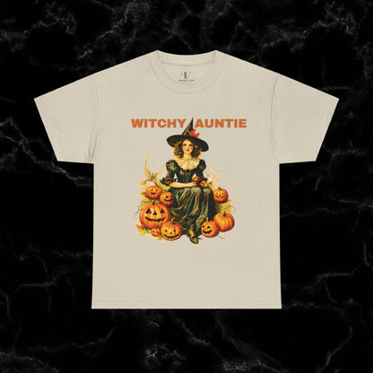Witchy Auntie Cotton T-Shirt - Cool Aunt, Aunt Halloween, Perfect Gift for Aunts T-Shirt Sand S 