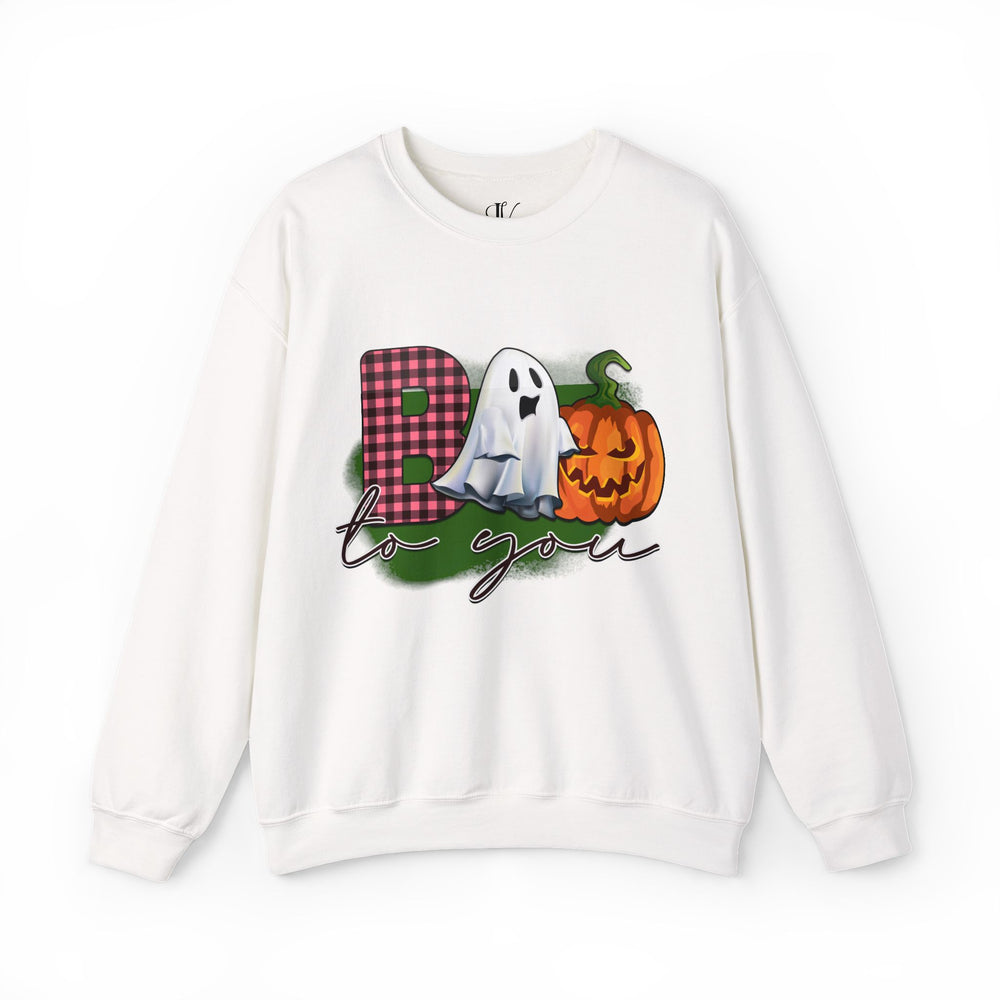 Boo To You! Cute Ghost and Pumpkin Sweatshirt Sweatshirt Printify S White