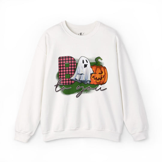 Boo To You! Cute Ghost and Pumpkin Sweatshirt Sweatshirt Printify S White