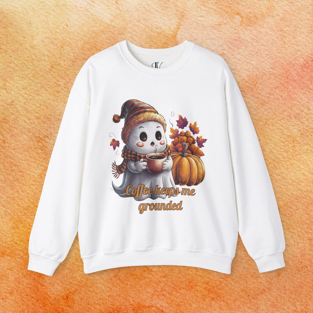 Ghostly Brew: Coffee Keeps Me Grounded Sweatshirt Sweatshirt Printify L White