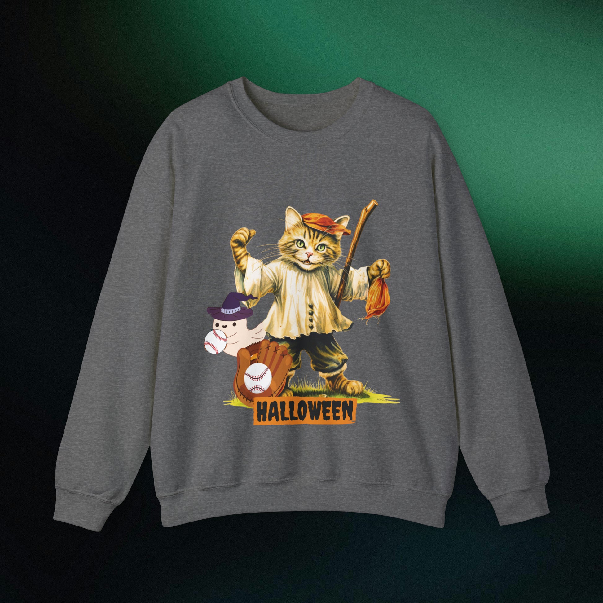 Halloween Cat Baseball Sweatshirt | Playful Feline and Pumpkins | Spooky Sports | Halloween Fun Sweatshirt Sweatshirt S Graphite Heather 