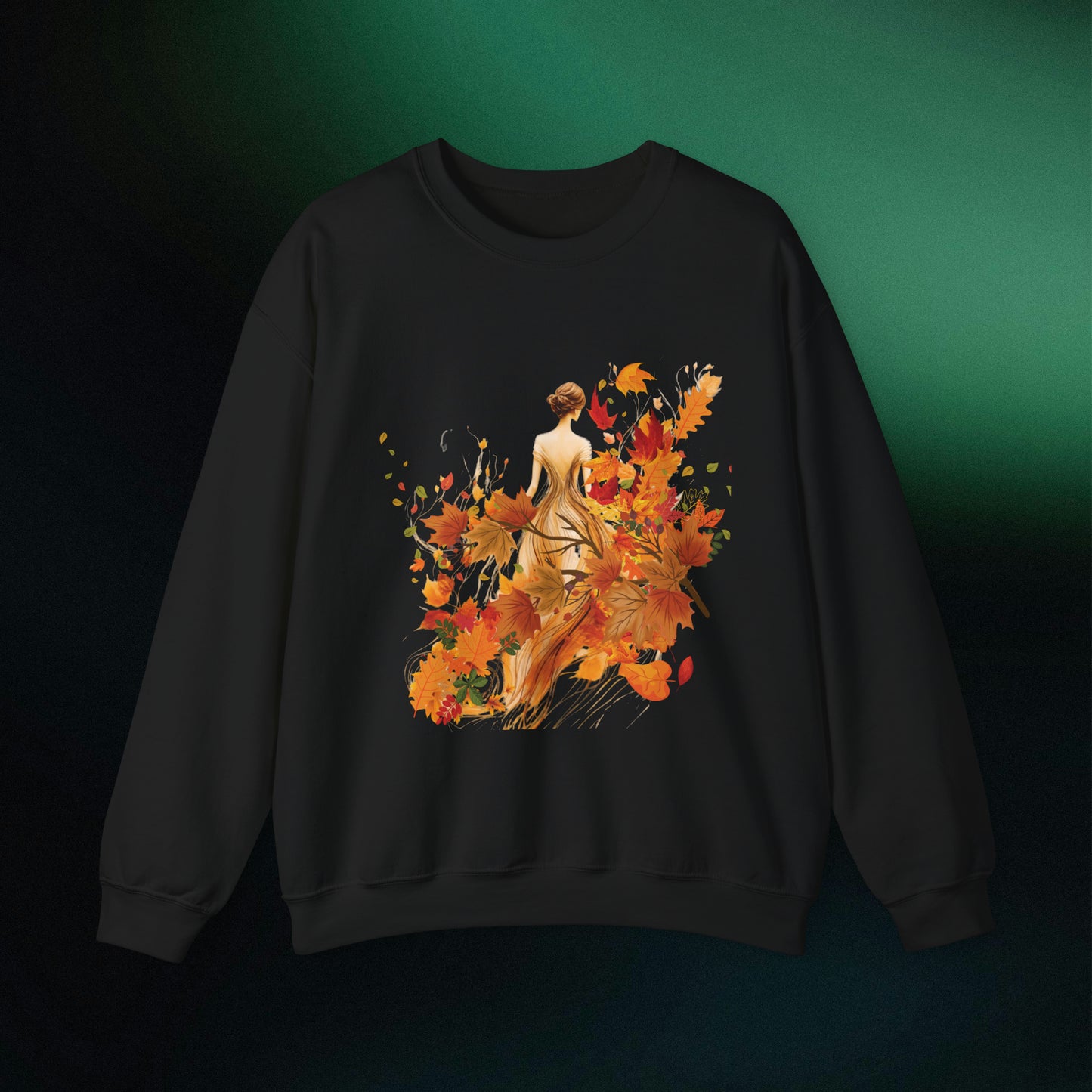 Whimsical Dreams in Autumn Hues: Romantic Dreamy Female Surrounded by Autumn Leaves Sweatshirt Sweatshirt S Black 