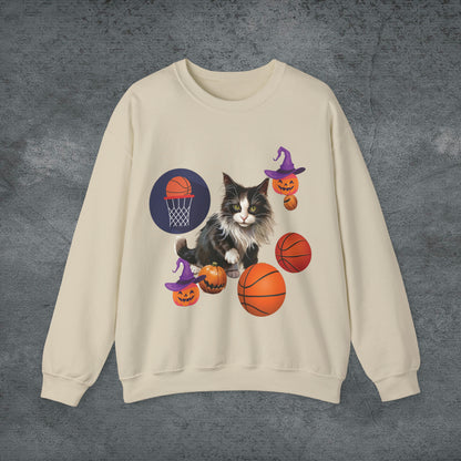 Halloween Cat Basketball Sweatshirt | Playful Feline and Pumpkins - Spooky Sports | Halloween Fun Sweatshirt Sweatshirt S Sand 