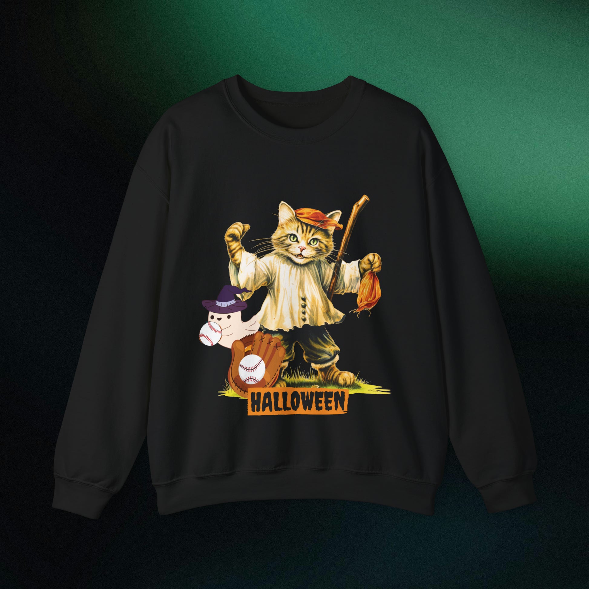 Halloween Cat Baseball Sweatshirt | Playful Feline and Pumpkins | Spooky Sports | Halloween Fun Sweatshirt Sweatshirt S Black 