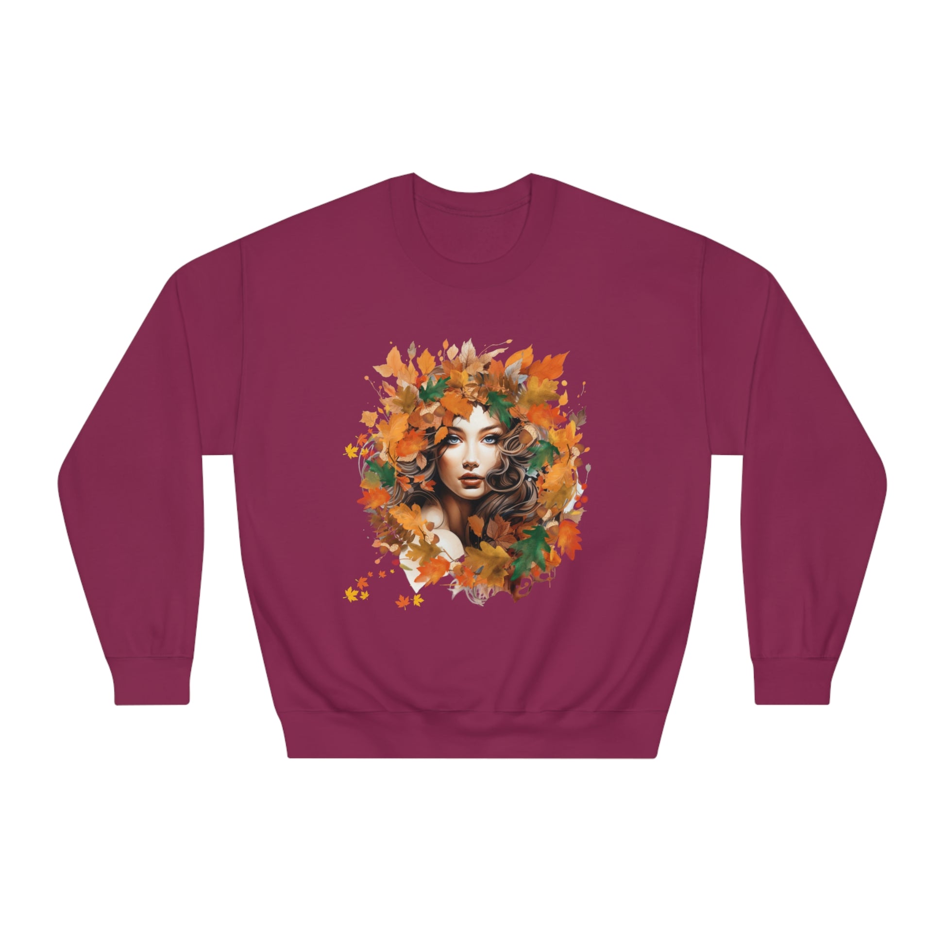 Whimsical Dreams in Autumn Hues: Romantic Dreamy Female Surrounded by Autumn Leaves Sweatshirt - Fairycore, Forestcore, Cottagecore-inspired Fashion Sweatshirt Maroon S 