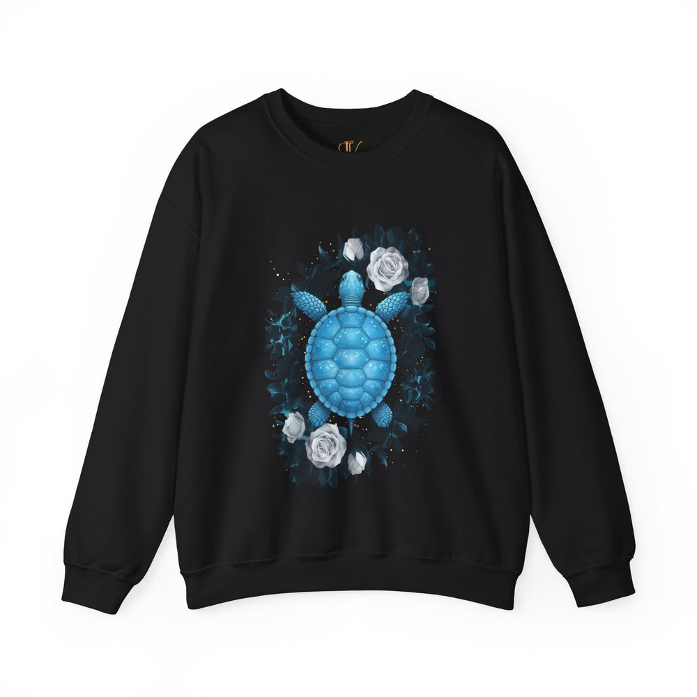 Blue Turtle and White Roses Sweatshirt Sweatshirt Printify S Black