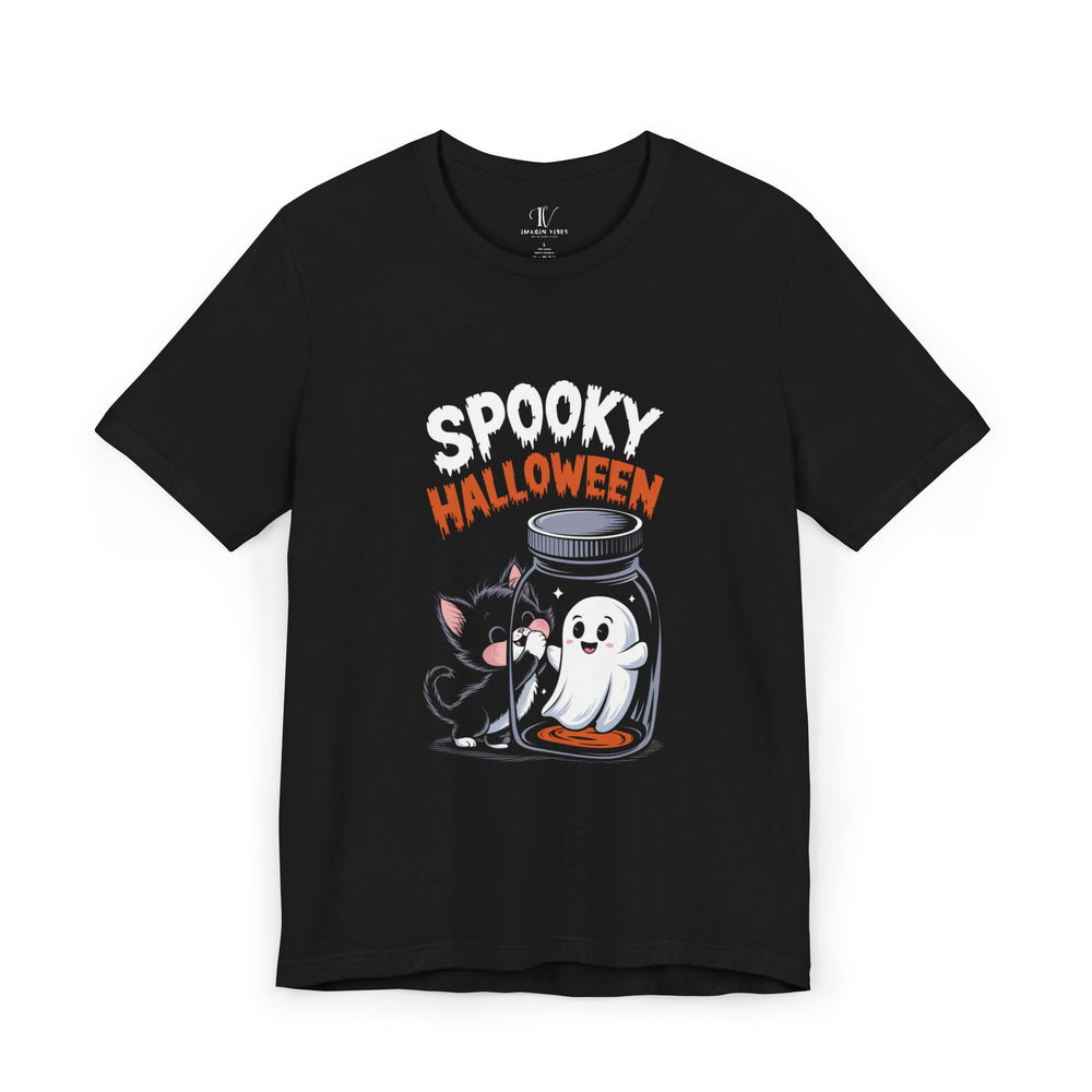 Spooky Cat & Ghost Halloween T-Shirt T-Shirt Printify Black XS