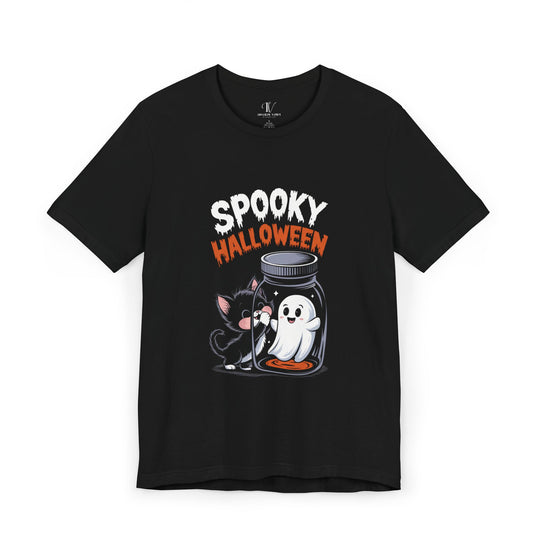 Spooky Cat & Ghost Halloween T-Shirt T-Shirt Printify Black XS