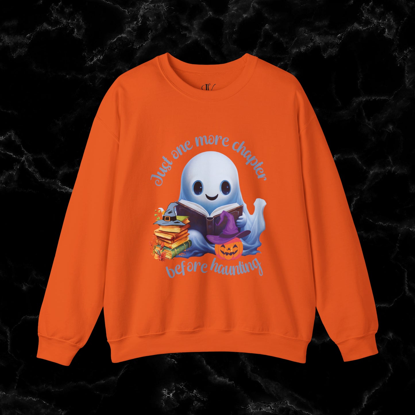 Just One More Chapter Sweatshirt | Book Lover Halloween Sweater - Librarian Sweatshirt - Halloween Student Sweater - Halloween Ghost Book Ghost Sweatshirt S Orange 