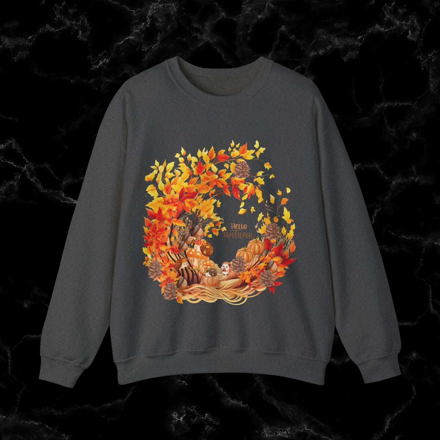 Hello Autumn Sweatshirt | Fall Design - Fall Seasonal Sweatshirt - Autumn Design Sweatshirt S Dark Heather 