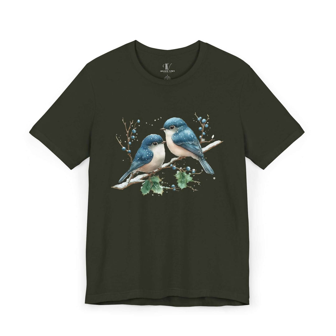 Winter Blue Jay Birds T-shirt T-Shirt Printify Dark Olive XS