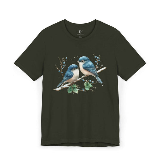 Winter Blue Jay Birds T-shirt T-Shirt Printify Dark Olive XS