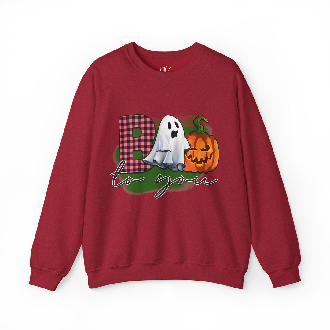 Boo To You! Cute Ghost and Pumpkin Sweatshirt Sweatshirt Printify S Antique Cherry Red