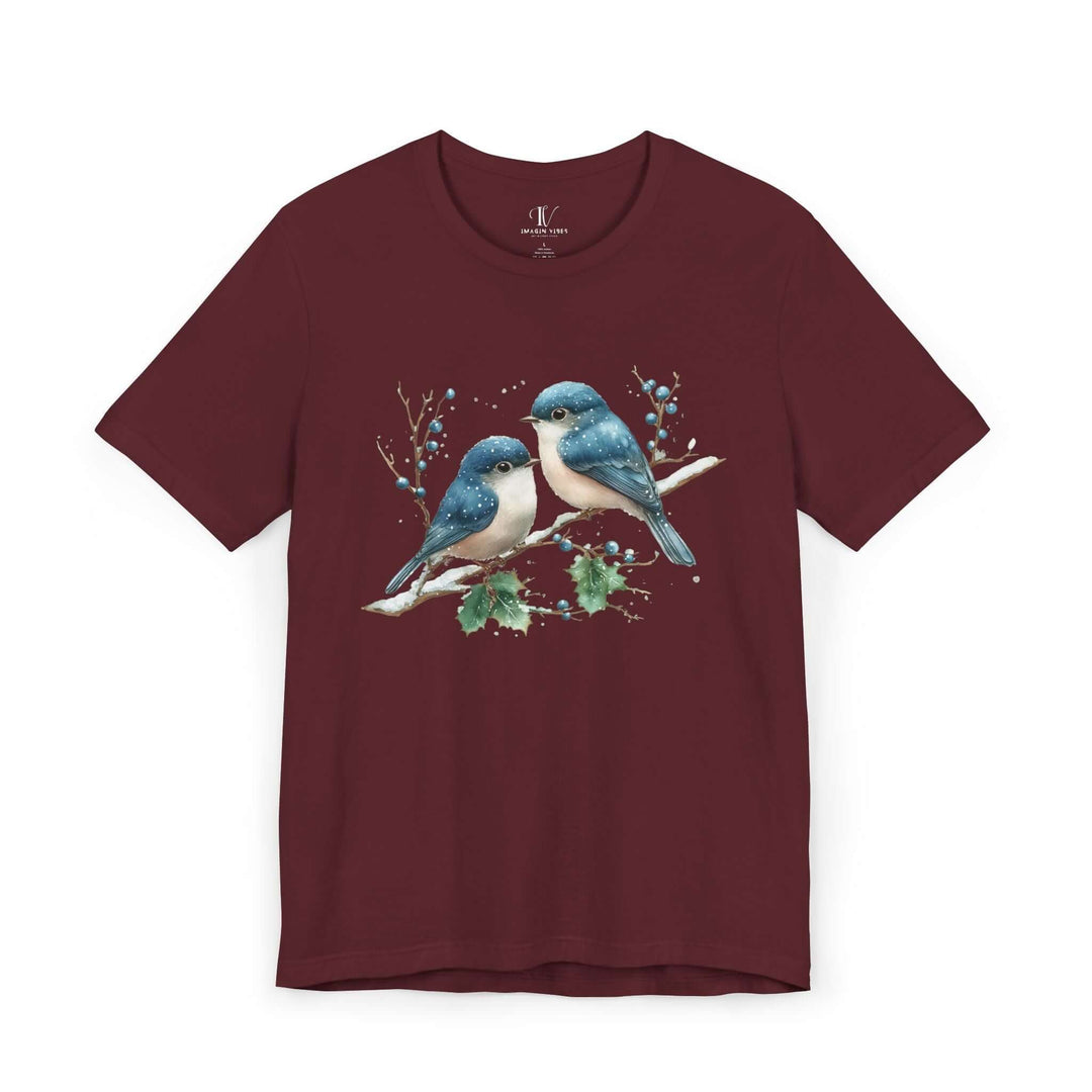 Winter Blue Jay Birds T-shirt T-Shirt Printify Maroon XS