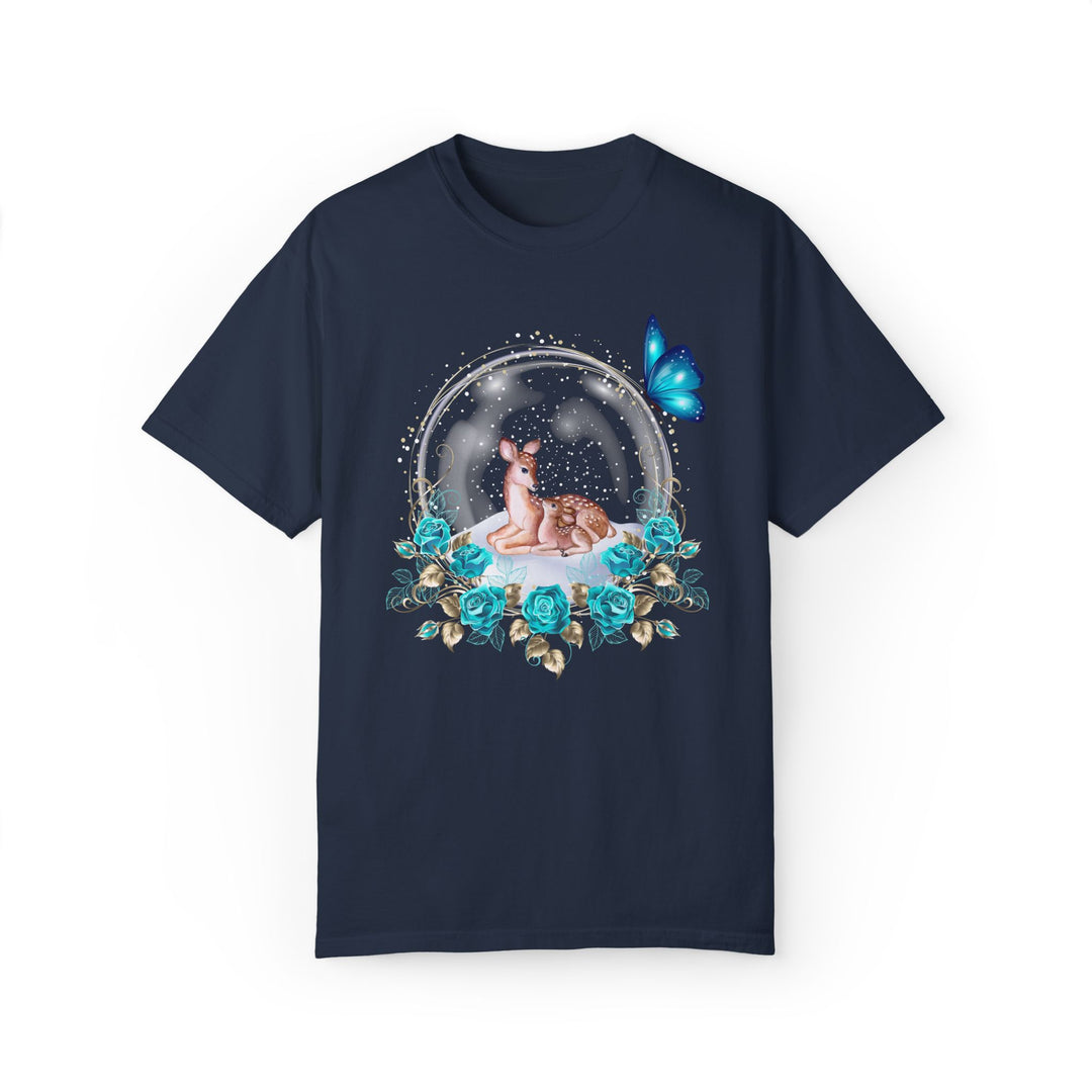 Cute Deer Snow Globe Winter T-shirt T-Shirt Printify Navy S