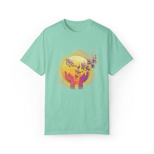 Spiritual Symbol Hands Garment-Dyed T-shirt with Flowers and Butterflies T-Shirt Printify Island Reef S