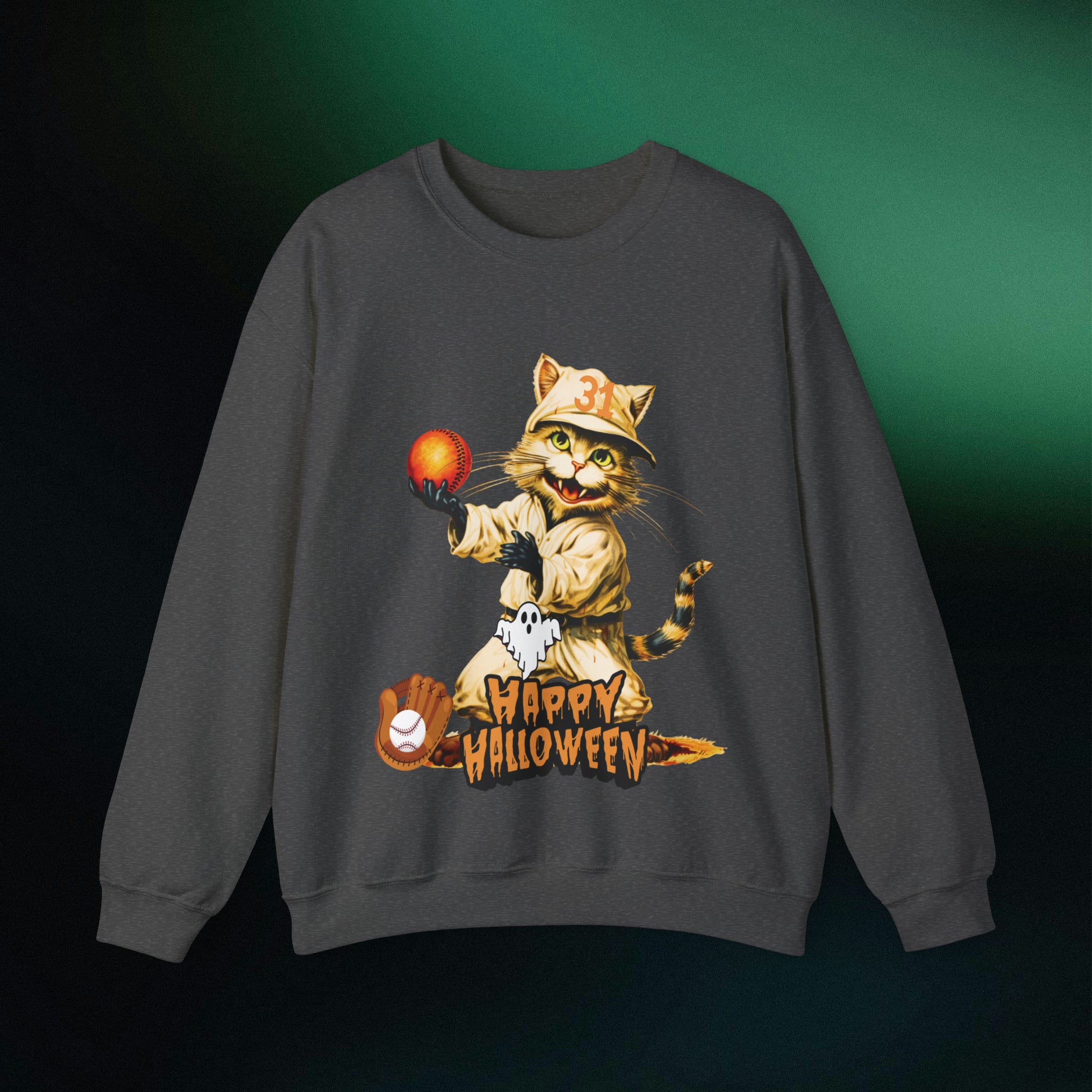 Halloween Cat Baseball Sweatshirt | Happy Halloween - Spooky Sports | Halloween Fun Sweatshirt Sweatshirt S Dark Heather 