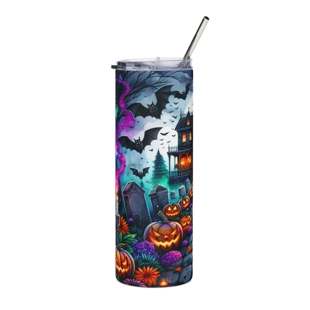 20oz Stainless Steel Tumbler — Haunted House Halloween (bats, tombstones, Jack-o'-lanterns) Mug Printify