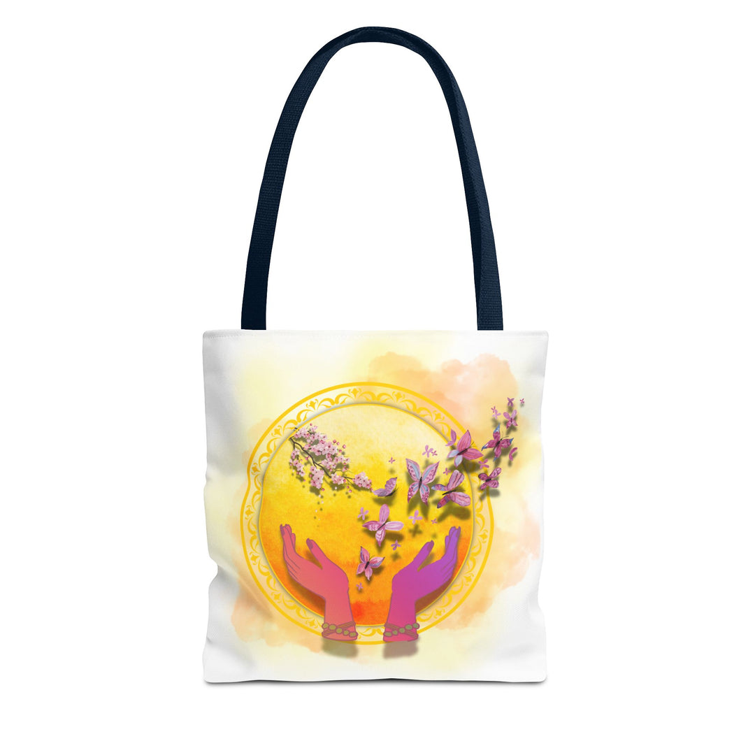 Symbolic Tote Bag with Hands, Orb, Flowers, and Butterflies Bags Printify 13" × 13'' Navy