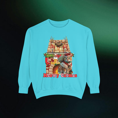 Funny Christmas Cat Sweatshirt | Meowy Christmas Cat Sweater | Christmas Gifts for Cat Lovers - Christmas Lights Shirt, Christmas Cats Shirt Sweatshirt Lagoon Blue S 