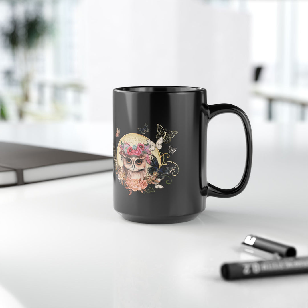 Black Mug - Playful and Whimsical Owl- 11oz/15oz Mug Printify