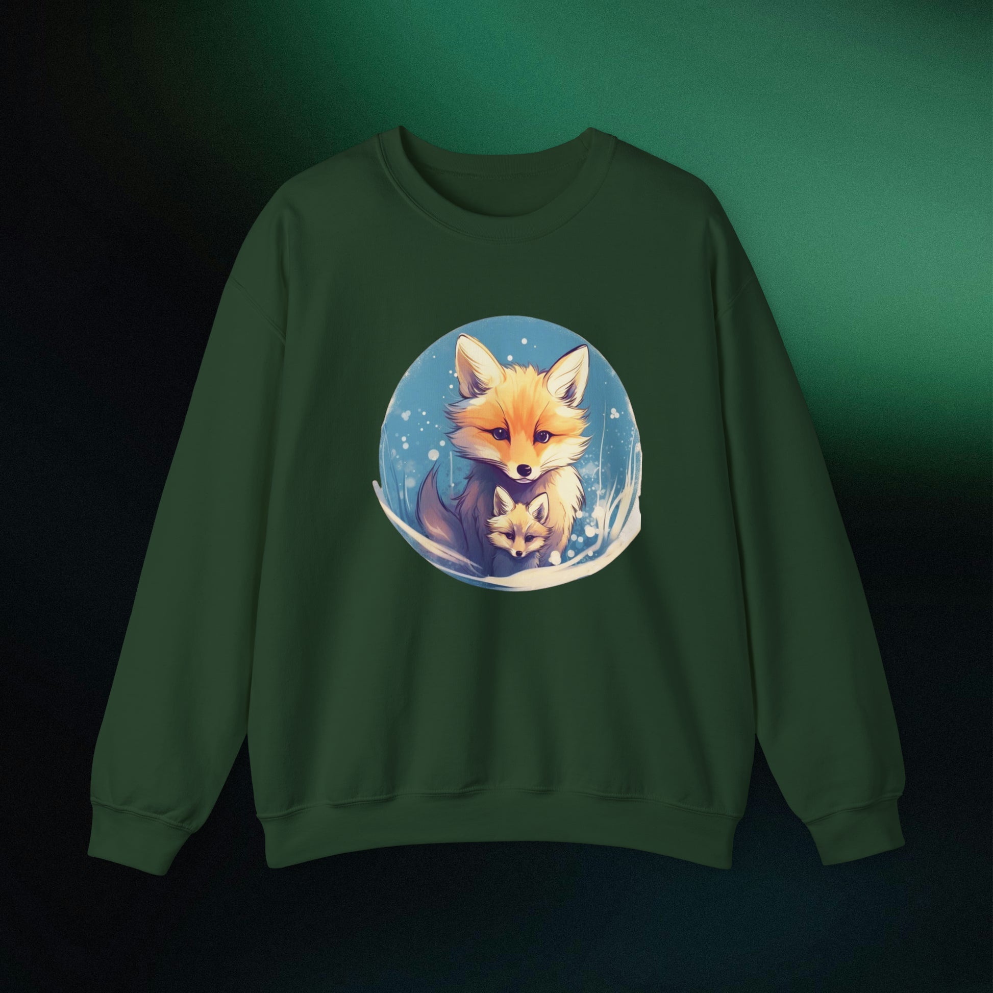 Vintage Forest Witch Aesthetic Sweatshirt - Cozy Fox Cottagecore Sweater with Mommy and Baby Fox Design Sweatshirt S Forest Green 