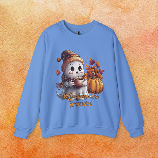 Ghostly Brew: Coffee Keeps Me Grounded Sweatshirt Sweatshirt Printify S Carolina Blue