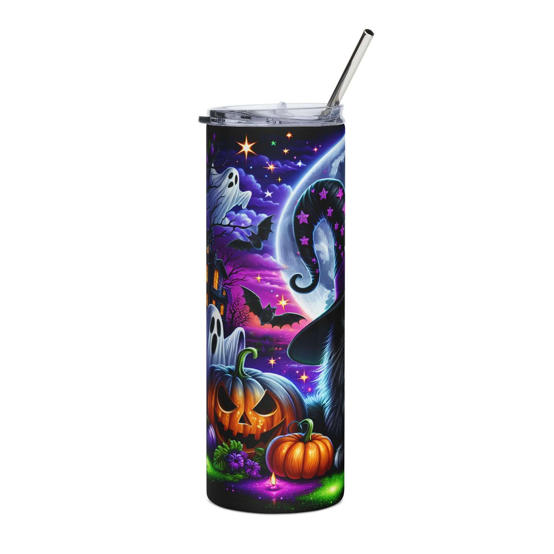 Halloween Tumbler — 20oz Stainless Steel with Black Cats, Ghosts & Haunted House Mug Printify