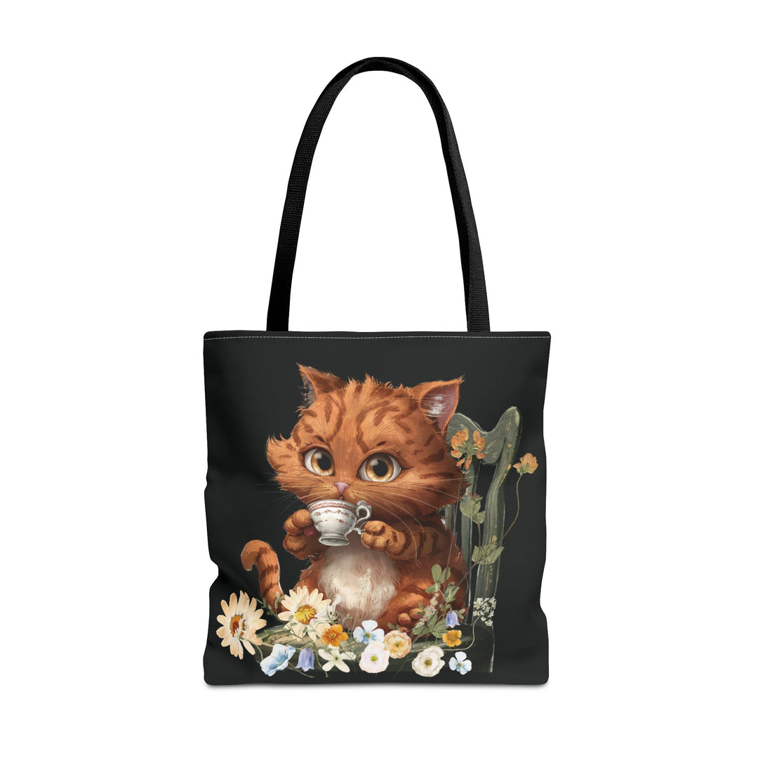 Purrfect Tea Party: Floral Cat Tote Bag Bags Printify 18" × 18'' Black