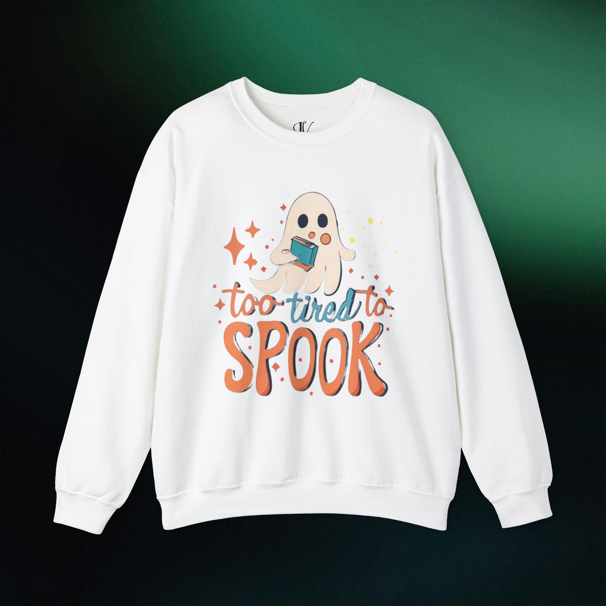 Ghost Reading Books Sweater | Bookish Halloween Sweatshirt - Halloween Teacher Gift, Librarian Halloween Hoodie, Ghost Crewneck - 'Too Tired to Spook' Sweatshirt S White 