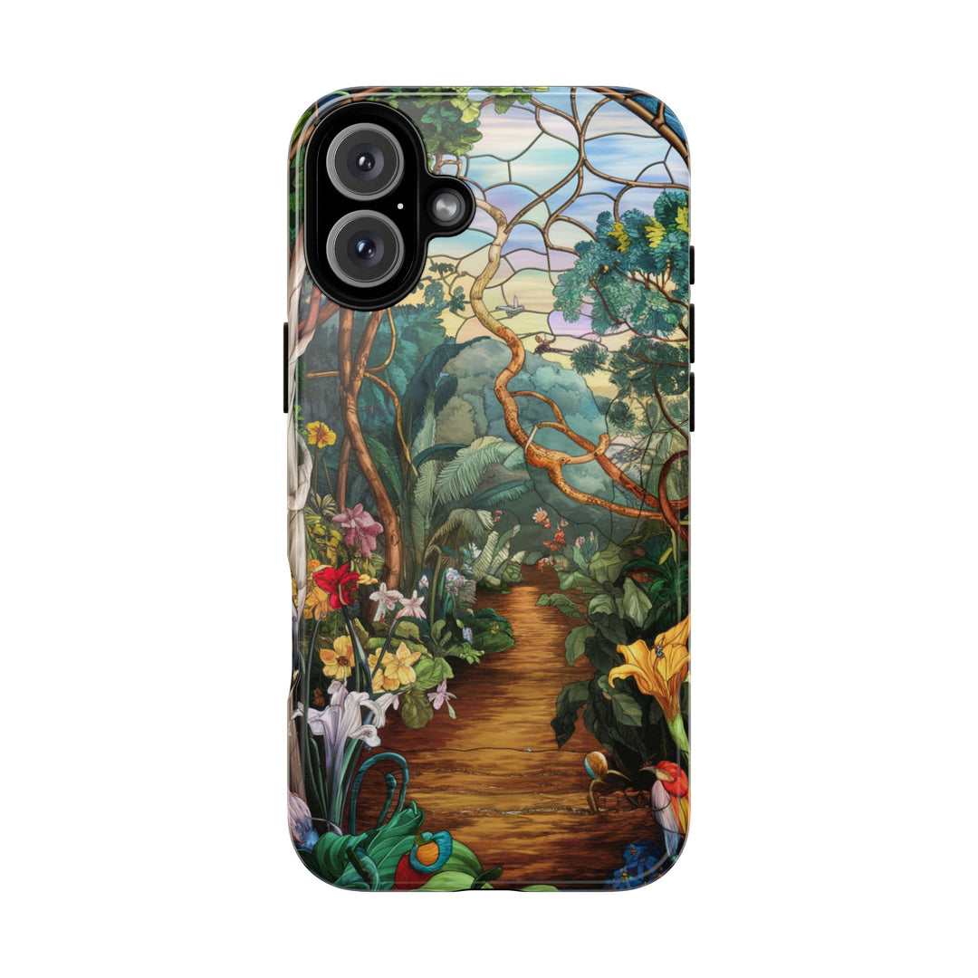 Phone Case - Stained Glass Garden Scene Phone Case Printify iPhone 16 Plus Glossy