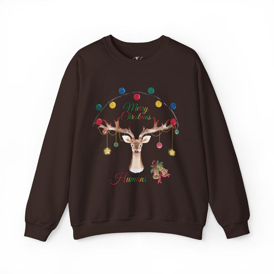 Merry Christmas Reindeer Sweatshirt Sweatshirt Printify S Dark Chocolate