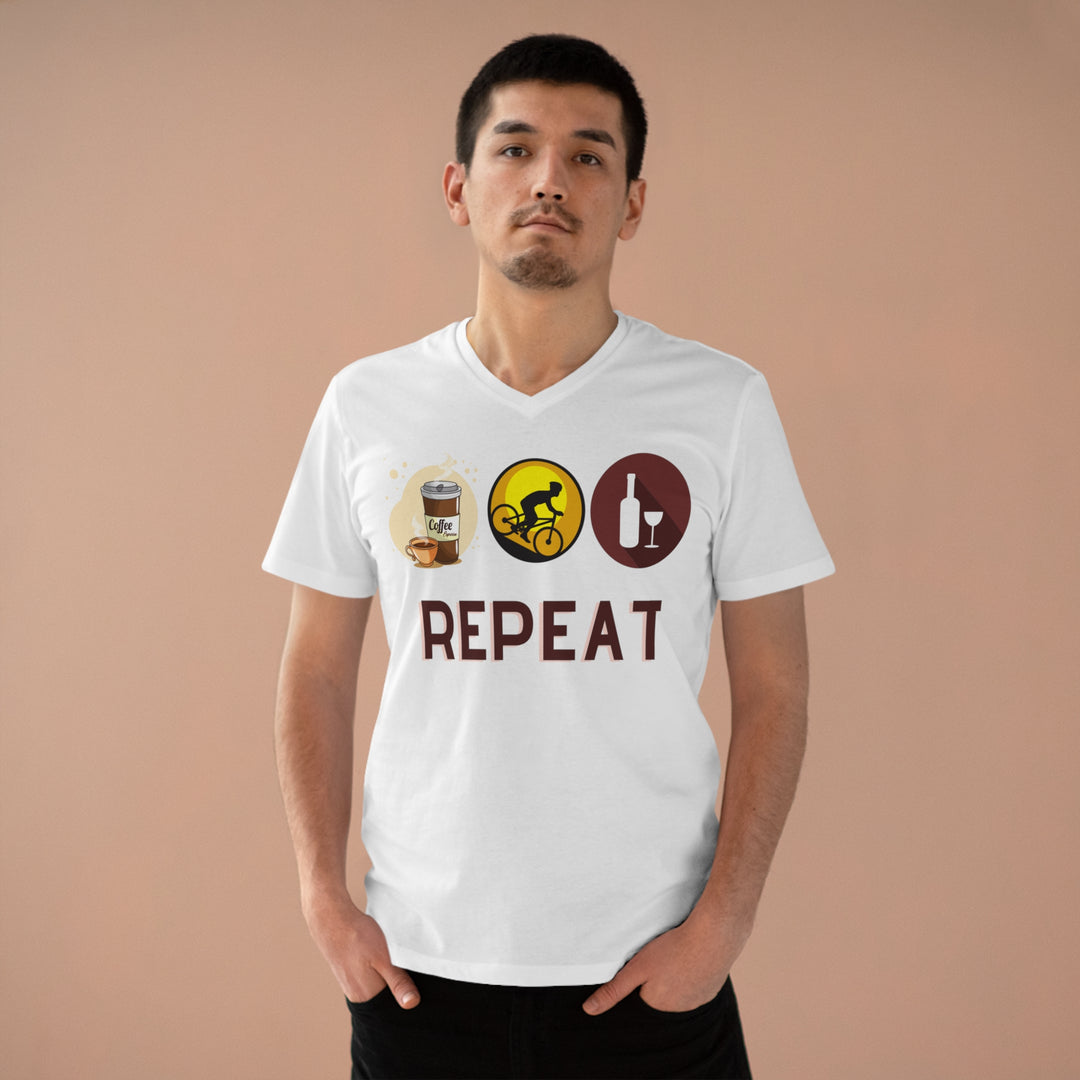 V-neck T-Shirt - Coffee, Ride, Wine, Repeat - Minimalist V-neck Printify