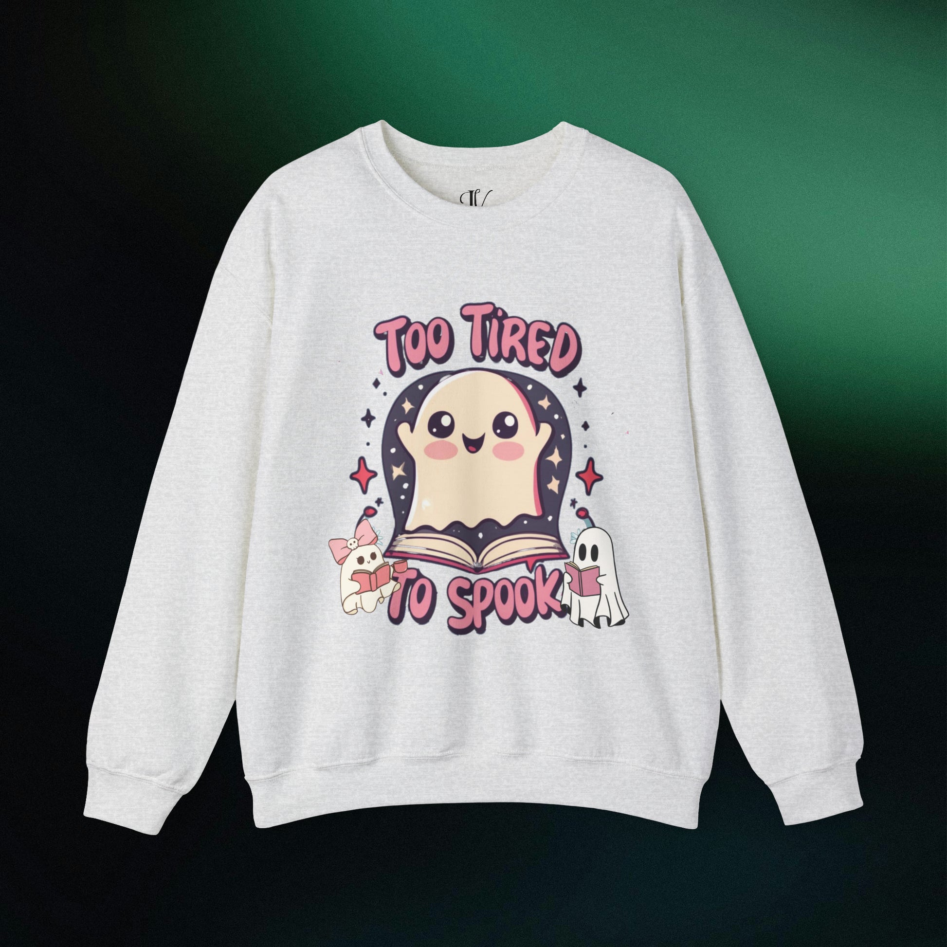 Ghost Reading Books Sweater | Bookish Halloween Sweatshirt - Halloween Teacher Gift, Librarian Halloween Hoodie, Ghost Crewneck - 'Too Tired to Spook' Sweatshirt S Ash 