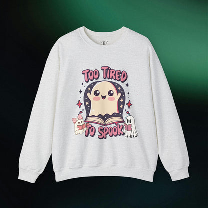 Ghost Reading Books Sweater | Bookish Halloween Sweatshirt - Halloween Teacher Gift, Librarian Halloween Hoodie, Ghost Crewneck - 'Too Tired to Spook' Sweatshirt S Ash 
