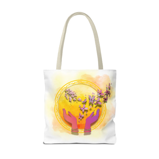 Symbolic Tote Bag with Hands, Orb, Flowers, and Butterflies Bags Printify 18" × 18'' Beige