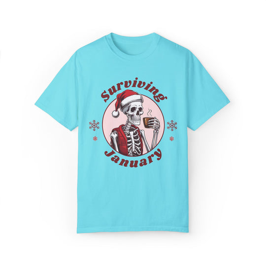 Skeleton Santa Hat Coffee Unisex T-shirt - Surviving January T-Shirt Printify Lagoon Blue S