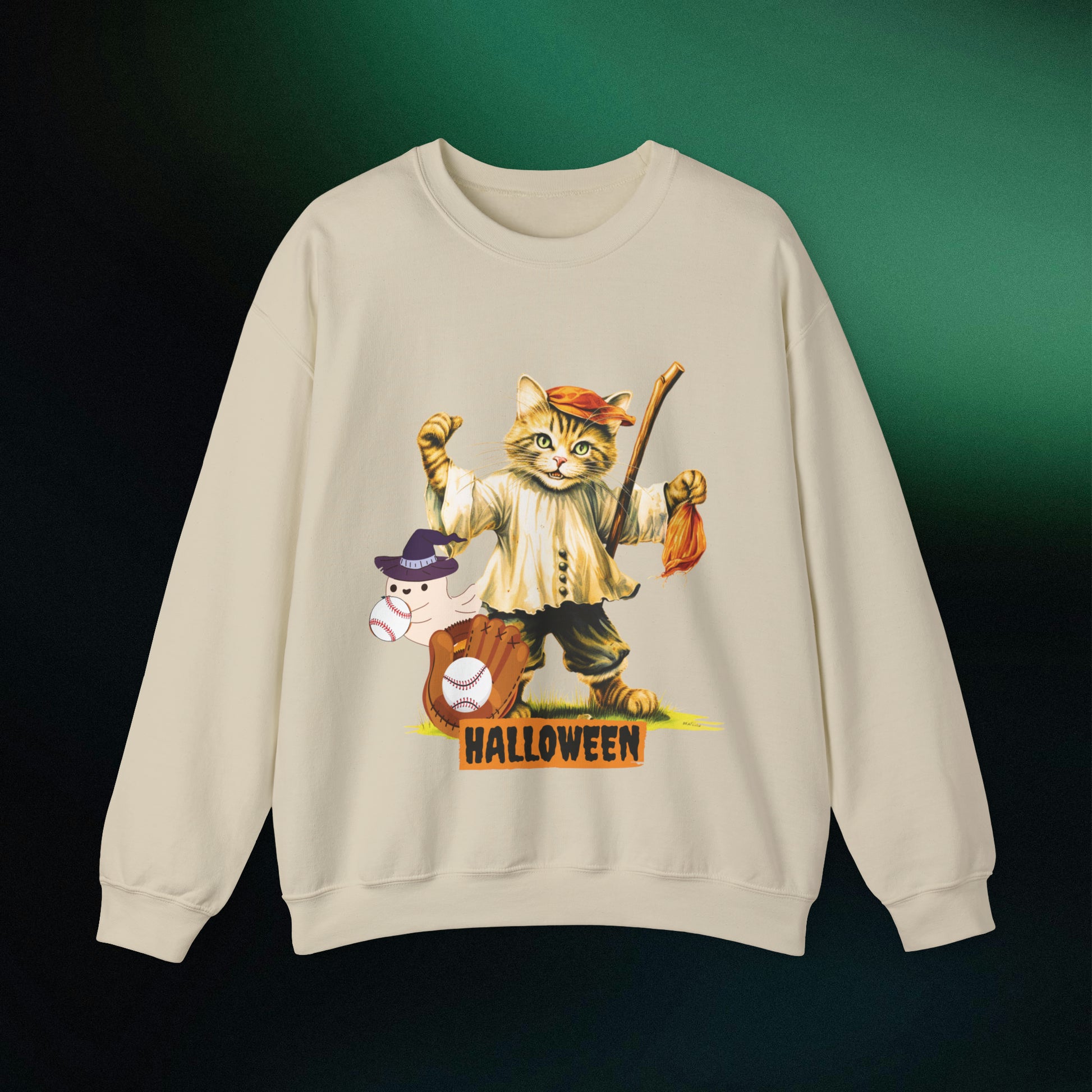 Halloween Cat Baseball Sweatshirt | Playful Feline and Pumpkins | Spooky Sports | Halloween Fun Sweatshirt Sweatshirt S Sand 